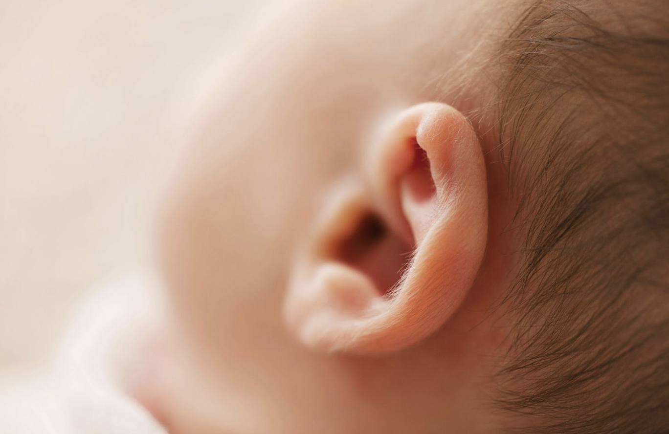 Close da orelha de abano de um bebê, destacando a curvatura da cartilagem.